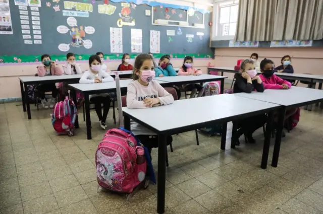 Children wear face masks in class in a Junior School in Jerusalem, Israel, 21 February 2021