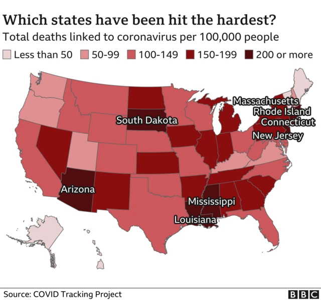 Graph of coronavirus deaths in US states