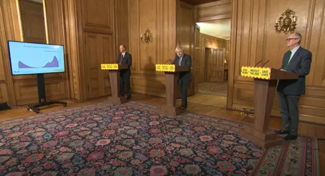 Prof Chris Whitty, Boris Johnson and Sir Patrick Vallance at the Downing St briefing