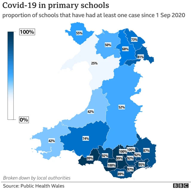 Map of primary school Covid cases by proportion in each Welsh county