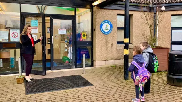 Younger pupils at Laurencekirk Primary School are welcomed back to class