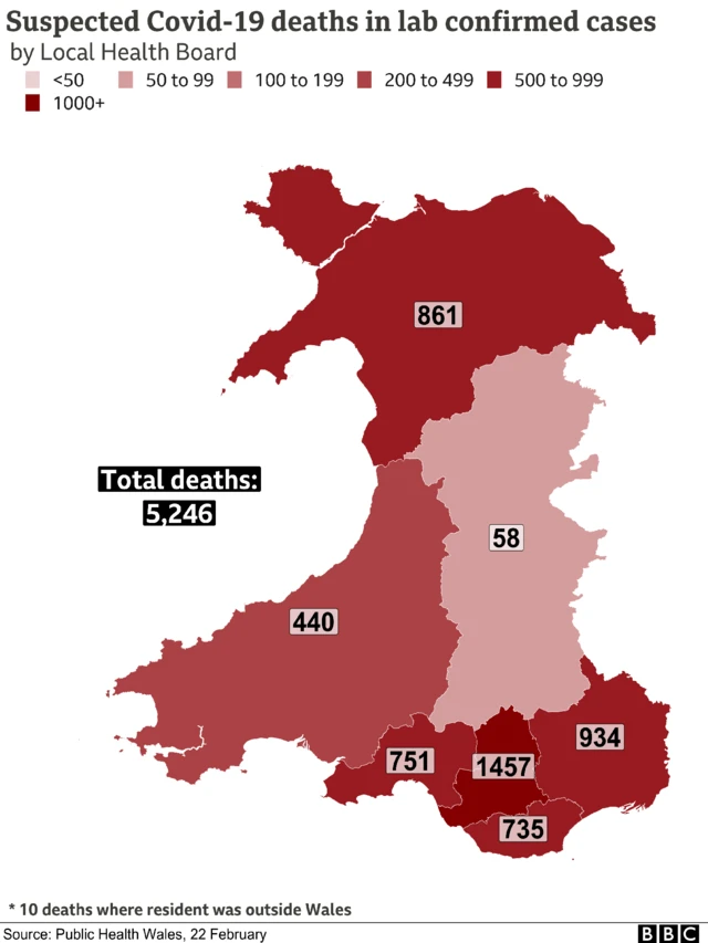 Map of Covid deaths in Wales health board areas