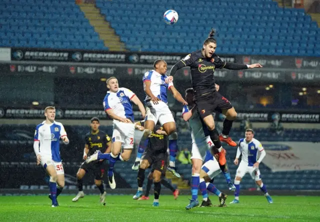 Watford's Francisco Sierralta risest highest above the Blackburn defence