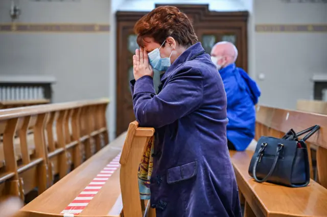 Members of the pray at St Andrew Cathedral as places of worship reopen for private prayers on June 22, 2020 in Glasgow, Scotland.