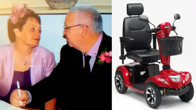 Derek Trigg with his late wife Tina and a mobility scooter