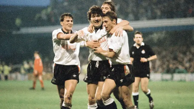 Derby striker Dean Saunders celebrates a goal over Forest at the Baseball Ground