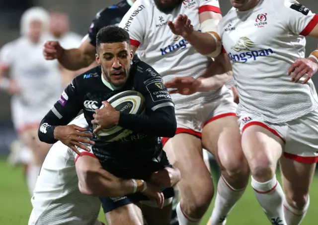 Keelan Giles scores a try for the Ospreys