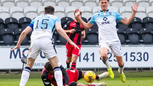 St Mirren's Colin Quaner is brough down in the box and a penalty is given