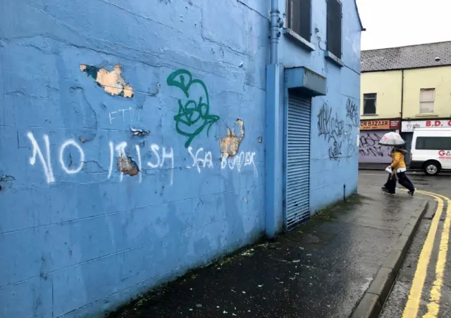 Graffiti reading "No Irish Sea border" near Belfast City centre.