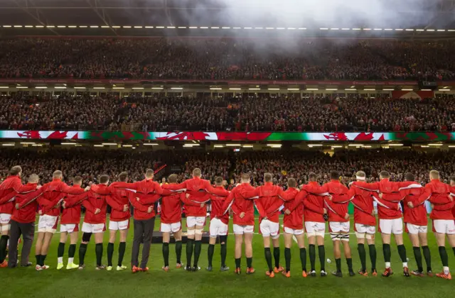 Wales line up for the anthem