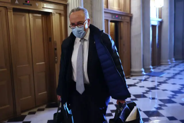 Senate Majority Leader Charles Schumer arrives at the US Capitol on February 08, 2021 in Washington, DC