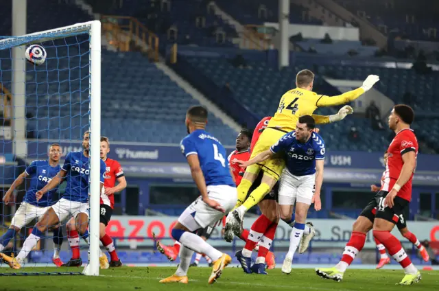 Michael Keane heads home, before the goal is disallowed for offside