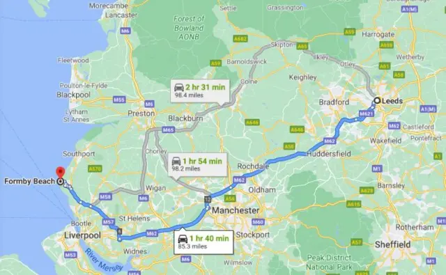 Map route from Leeds to Formby beach in Mersyside