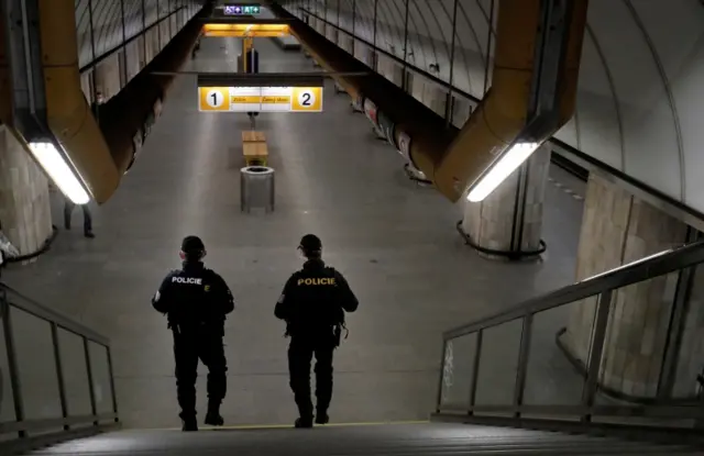 Police patrol subway station in Prague