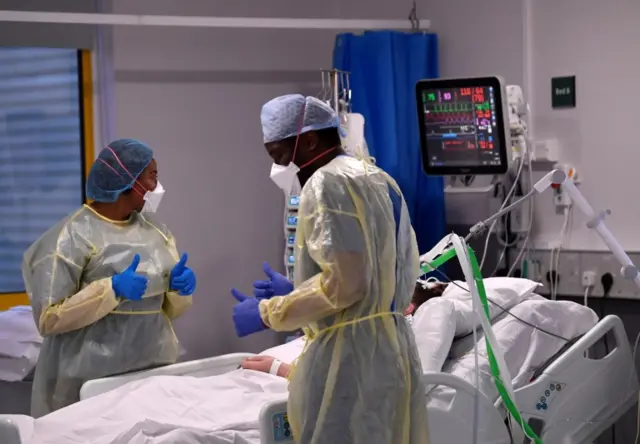 Nurses treating a COVID-19 patient at Milton Keynes University Hospital