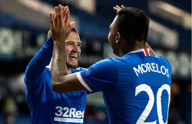 Alfredo Morelos celebrates with Ryan Kent