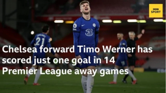 Timo Werner has scored once in 14 Premier League away games