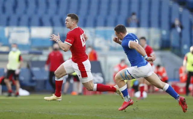 Wales' George North runs in to score a try