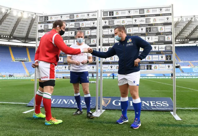 Coin toss with captains Alun Wyn Jones of Wales and Luca Bigi of Italy, overseen by referee Wayne Barnes