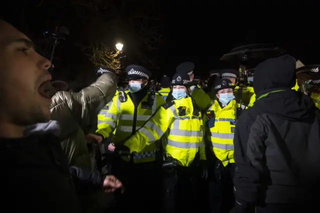 Protesters and police at Clapham Common on Saturday