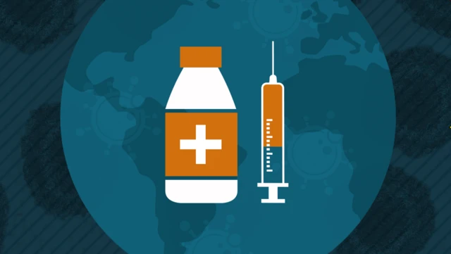 Illustration of a globe, vaccine and needle