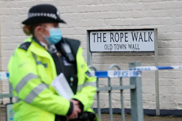 Police officer at cordon at The Rope Walk in Sandwich