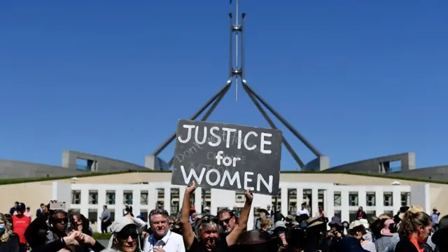 Protesters outside Australia's parliament building