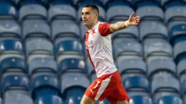 Nicolae Stanciu celebrates scoring for Slavia Prague