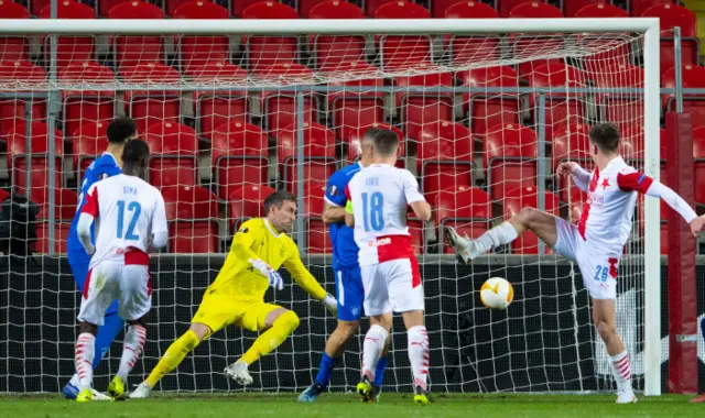 Rangers' Allan McGregor saves from Slavia Prague's Lukas Masopust