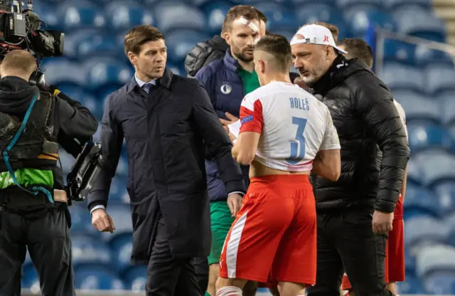 Rangers manager Steven Gerrard and Slavia's Jindrich Tripisovsky