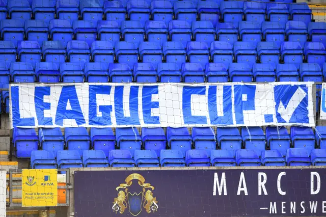 A League Cup banner in the stands at McDairmid Park