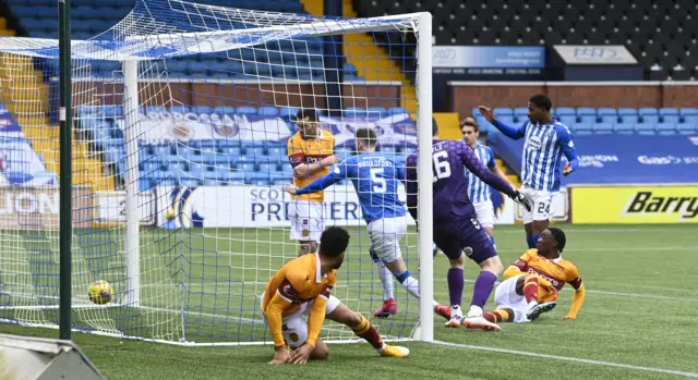 Barry Maguire scores for Motherwell against Kilmarnock