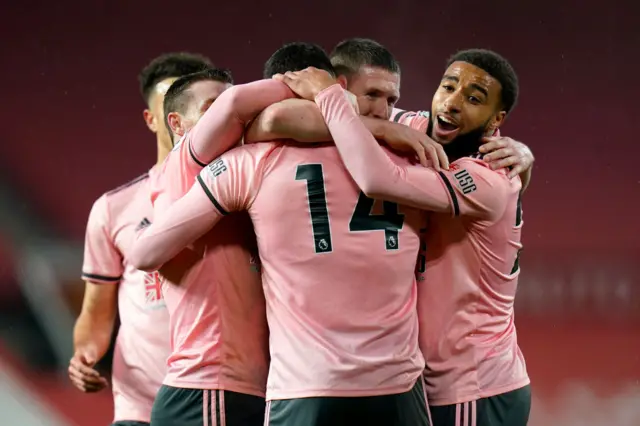 Sheffield United celebrate winning at Manchester United