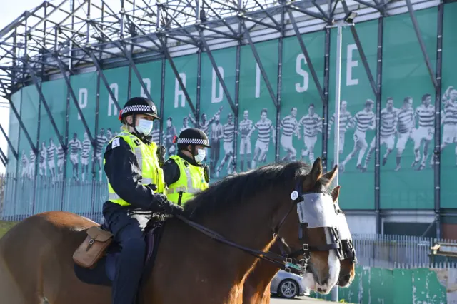 There is a heavy police presence at Celtic Park this morning