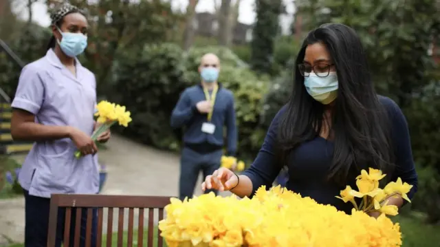 A staff member takes daffodils during the day of reflection to mark the anniversary of Britain"s first coronavirus disease (COVID-19) lockdown, at the Marie Curie Hospice in Hampstead, in London