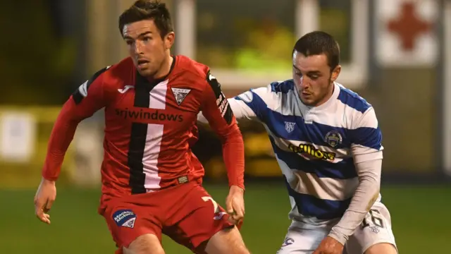 Dunfermline's Kevin O'Hara in action with Lewis Strapp of Morton