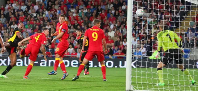 Vincent Kompany scores v Wales in 2014 qualifier