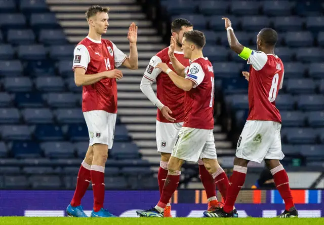 Sasa Kalajdzic celebrates one of his two goals for Austria