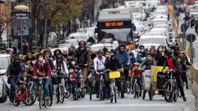 A hundred parents protesting against distance learning (DAD, didattica a distanza) paraded by bicycle in Naples from Piazza del GesÃ¹ to Piazza Garibaldi, where there was a gathering with entertainment and games for children, in Naples, Italy,