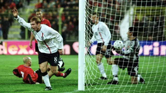 Paul Scholes celebrates scoring in Albania in 2001