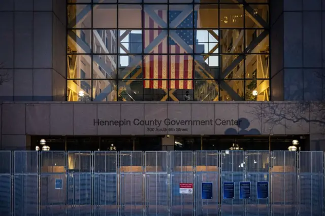 Minnesota National Guard stand guard outside the Hennepin County Government Center before the opening statement of former Minneapolis Police officer Derek Chauvin on March 29, 2021 in Minneapolis, Minnesota