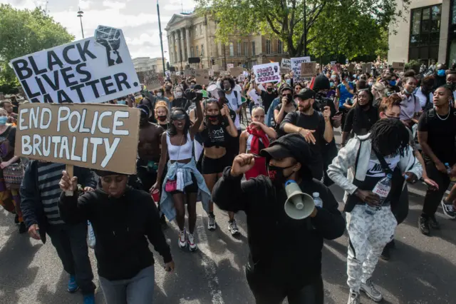 The march heads for Victoria as several thousand people join a Black Lives Matter march from Hyde Park to Parliament square on June 20, 2020 in London, United Kingdom