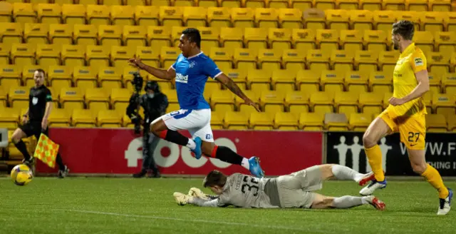 Alfredo Morelos goes flying under a Max Stryjek challenge