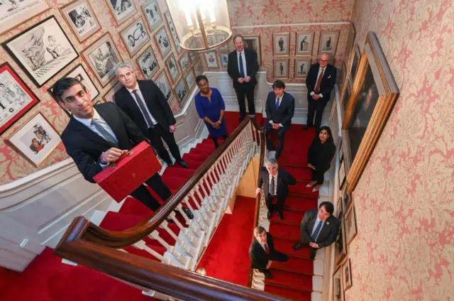 Rishi Sunak and Treasury ministers in Downing Street earlier today