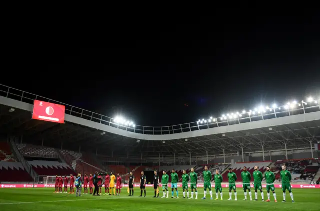 Qatar and Republic of Ireland line-up for the national anthems