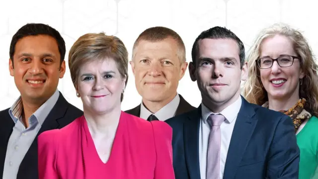 Anas Sarwar, Nicola Sturgeon, Willie Rennie, Douglas Ross, Lorna Slater