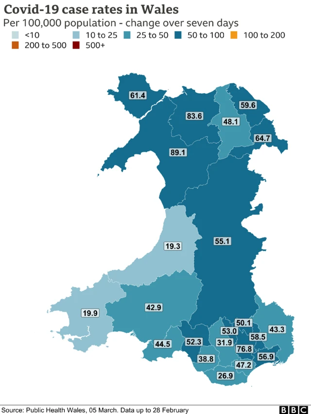 A map of Covid case rates across Wales over a seven day period, as of 05/03/2021