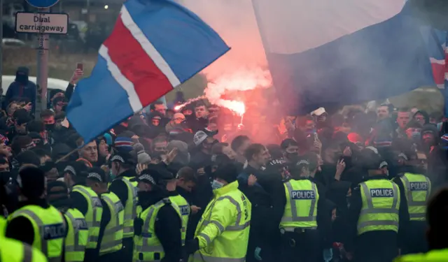 Rangers fans and police at Ibrox