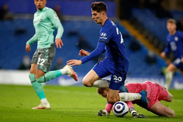 Kai Havertz brought down by Jordan Pickford