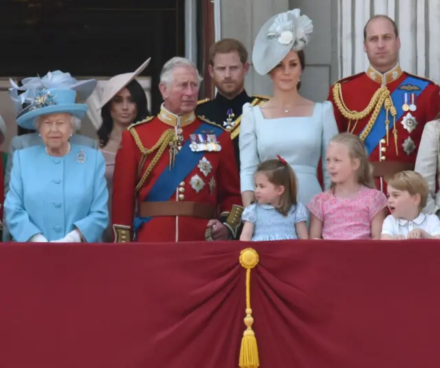 Royal Family members on the balcony at Buckingham Palace during the flypast following Trooping the Colour, June 9 2018